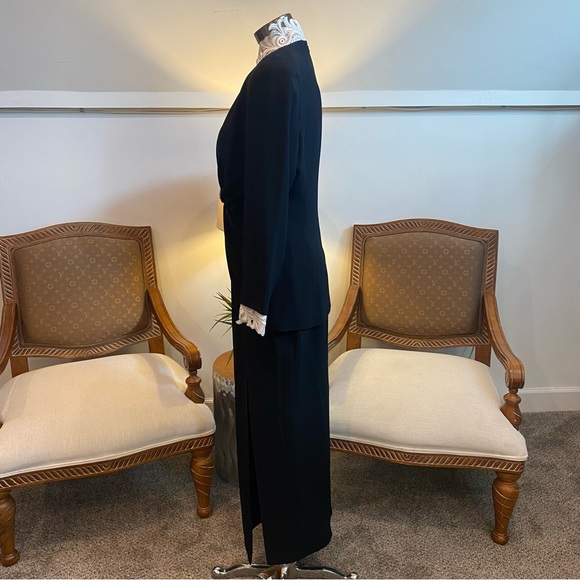 Vintage 80s 90s Black Blazer Jacket and Skirt Suit Set with Lace Details, Office - Picture 3 of 16